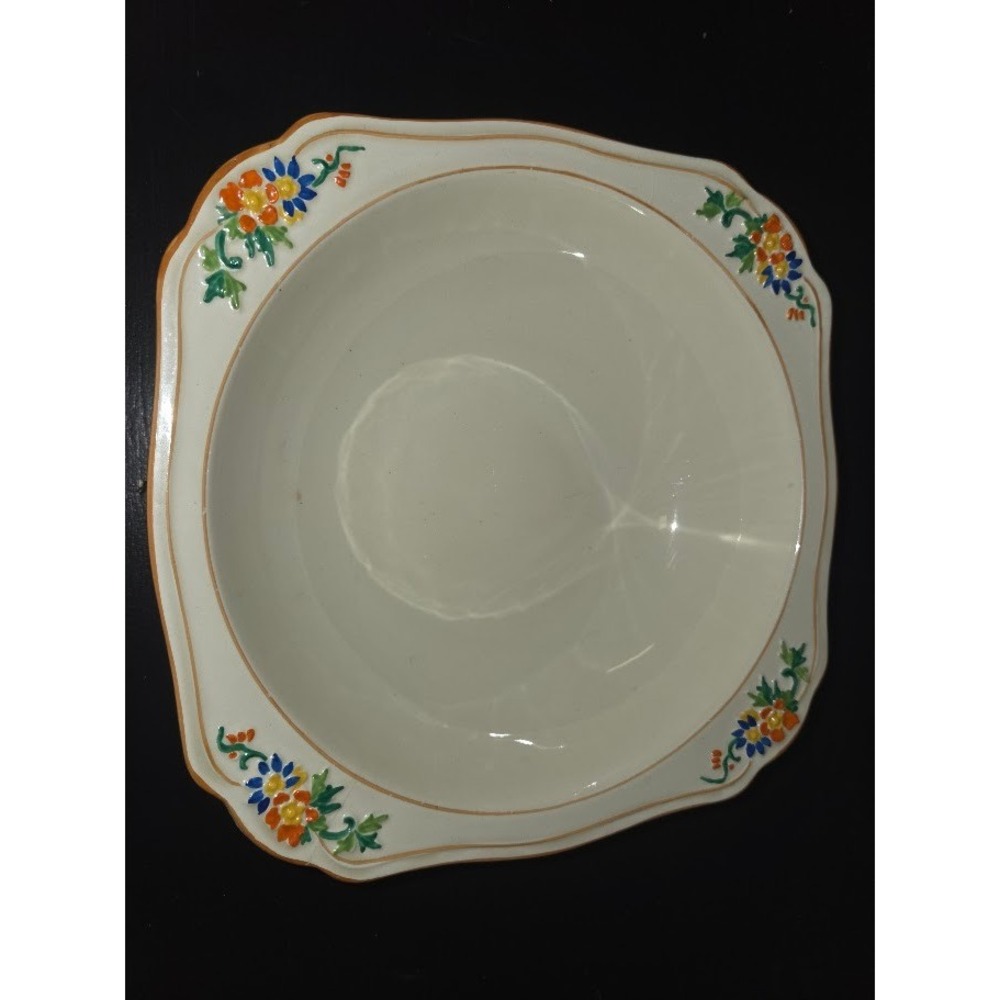 Vintage Maling England Floral Hand Painted Square Scalloped Serving Bowl Cream